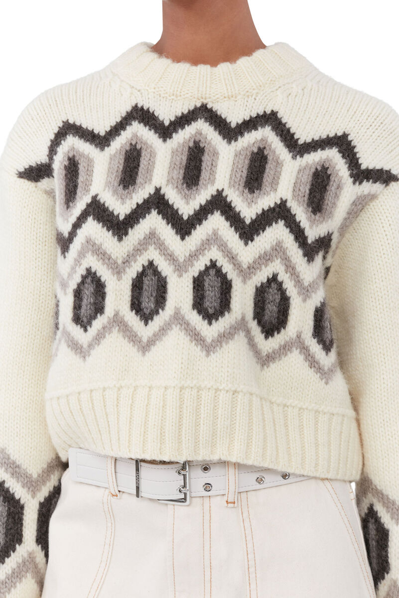 White Chunky Wool Cropped O-neck Sweater, Organic Wool, in colour Egret - 5 - GANNI