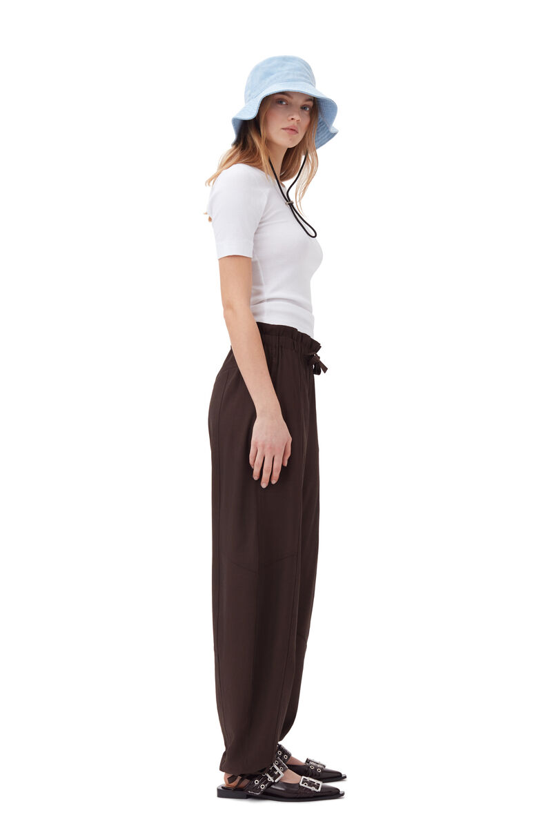Brown Drapey Melange Elasticated Waist Trousers, Elastane, in colour Mole - 2 - GANNI