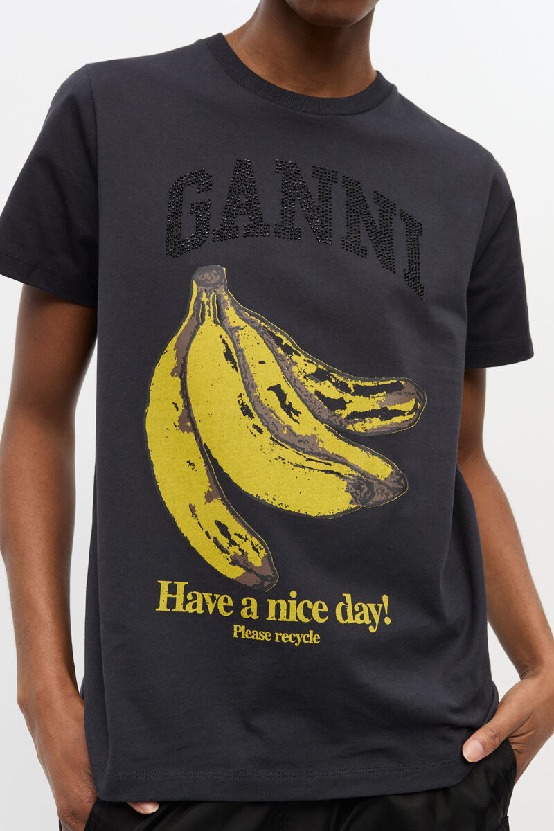 T-shirt &agrave; imprim&eacute; graphique banane noir, Organic Cotton, in colour Phantom - 3 - GANNI