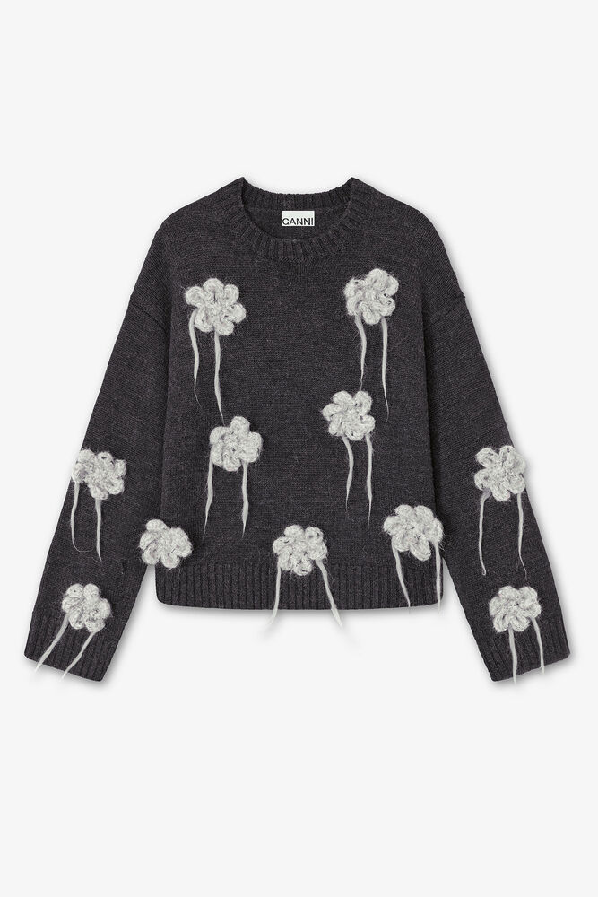 Dark Grey Flower Crochet Sweater, Phantom