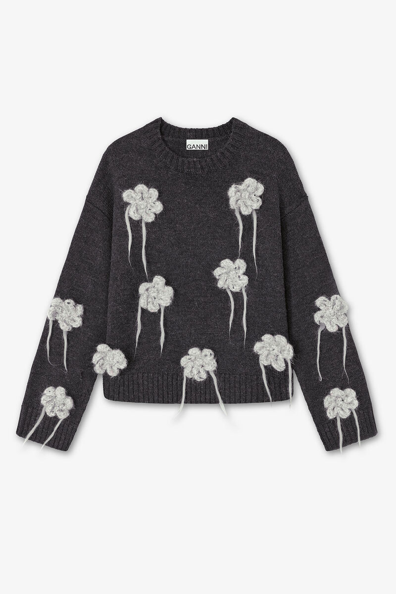 Dark Grey Flower Crochet Sweater, Alpaca, in colour Phantom - 1 - GANNI