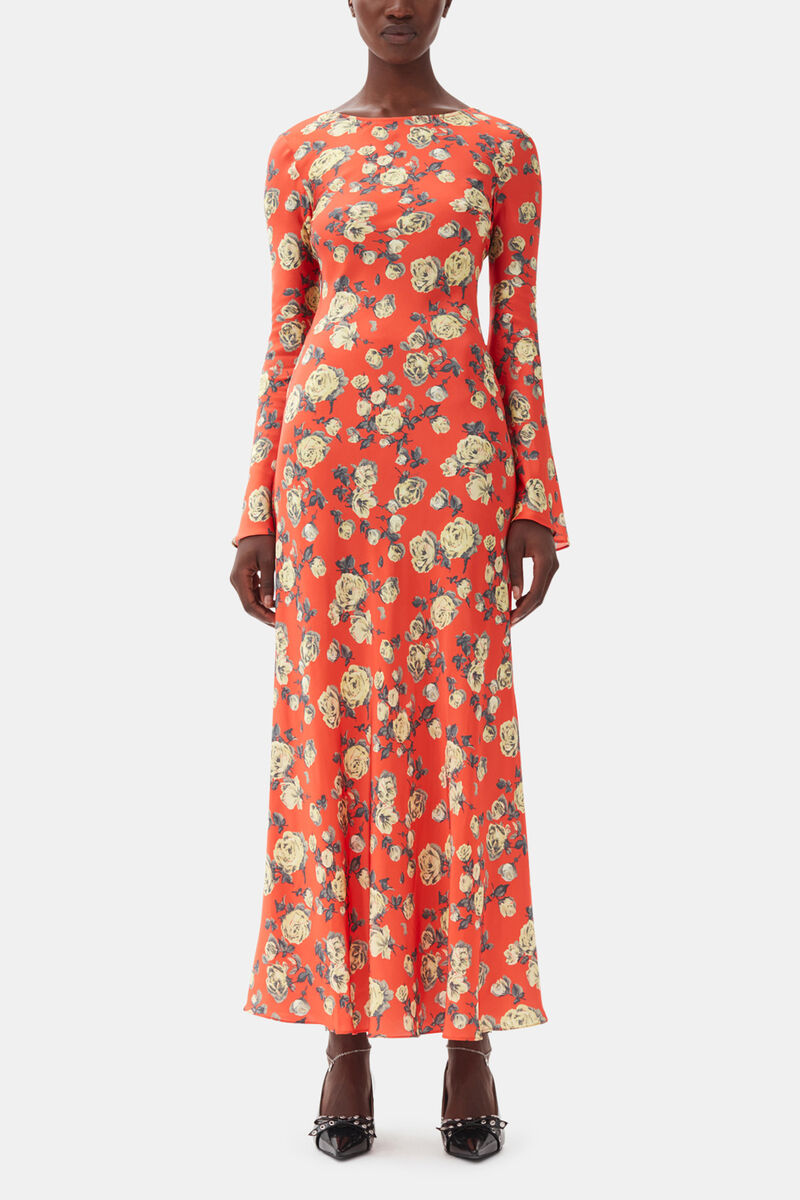 Orange Floral Printed Satin Maxi Dress, Viscose, in colour Poinciana - 1 - GANNI