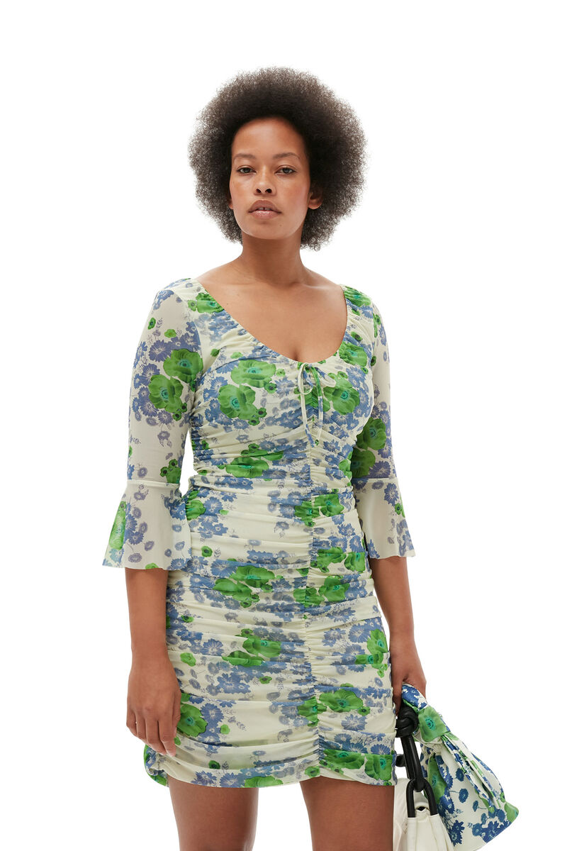 Printed Mesh U-neck Ruched Mini Dress, Recycled Nylon, in colour Egret - 7 - GANNI