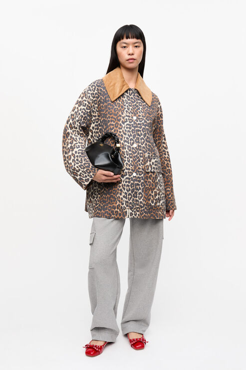 Ganni Women's Leopard Printed Canvas Midi Jacket In Almond Milk Large