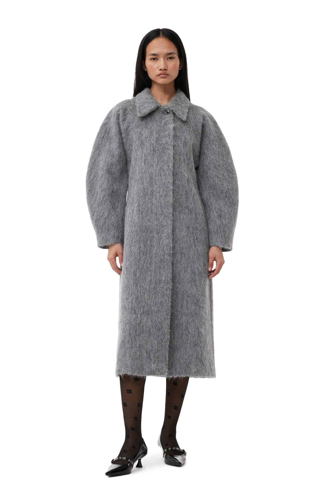 Ganni Grey Fluffy Wool Curved Sleeves Coat