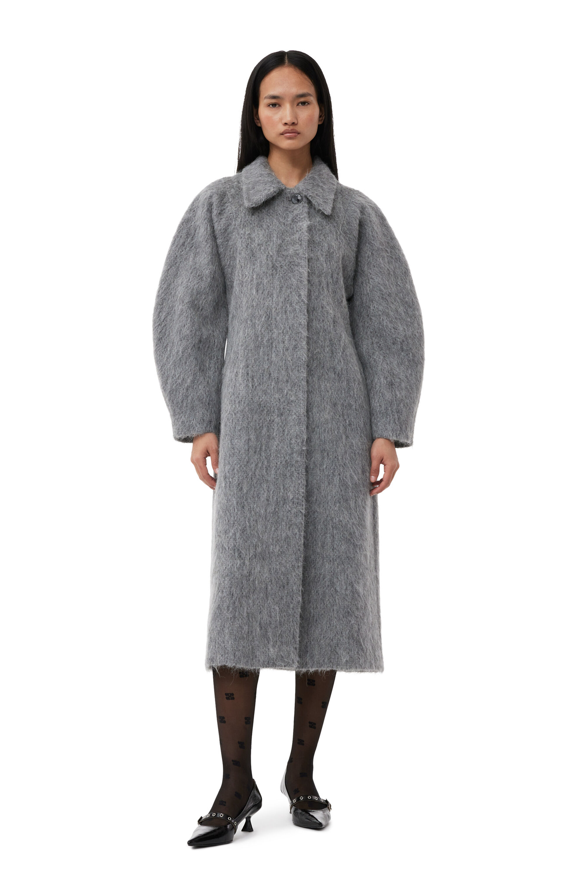 Grey Fluffy Wool Curved Sleeves Coat | GANNI US