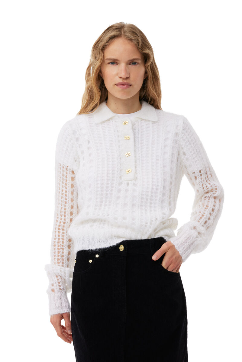 Pull White Mohair Lace Polo, Merino Wool, in colour Bright White - 1 - GANNI