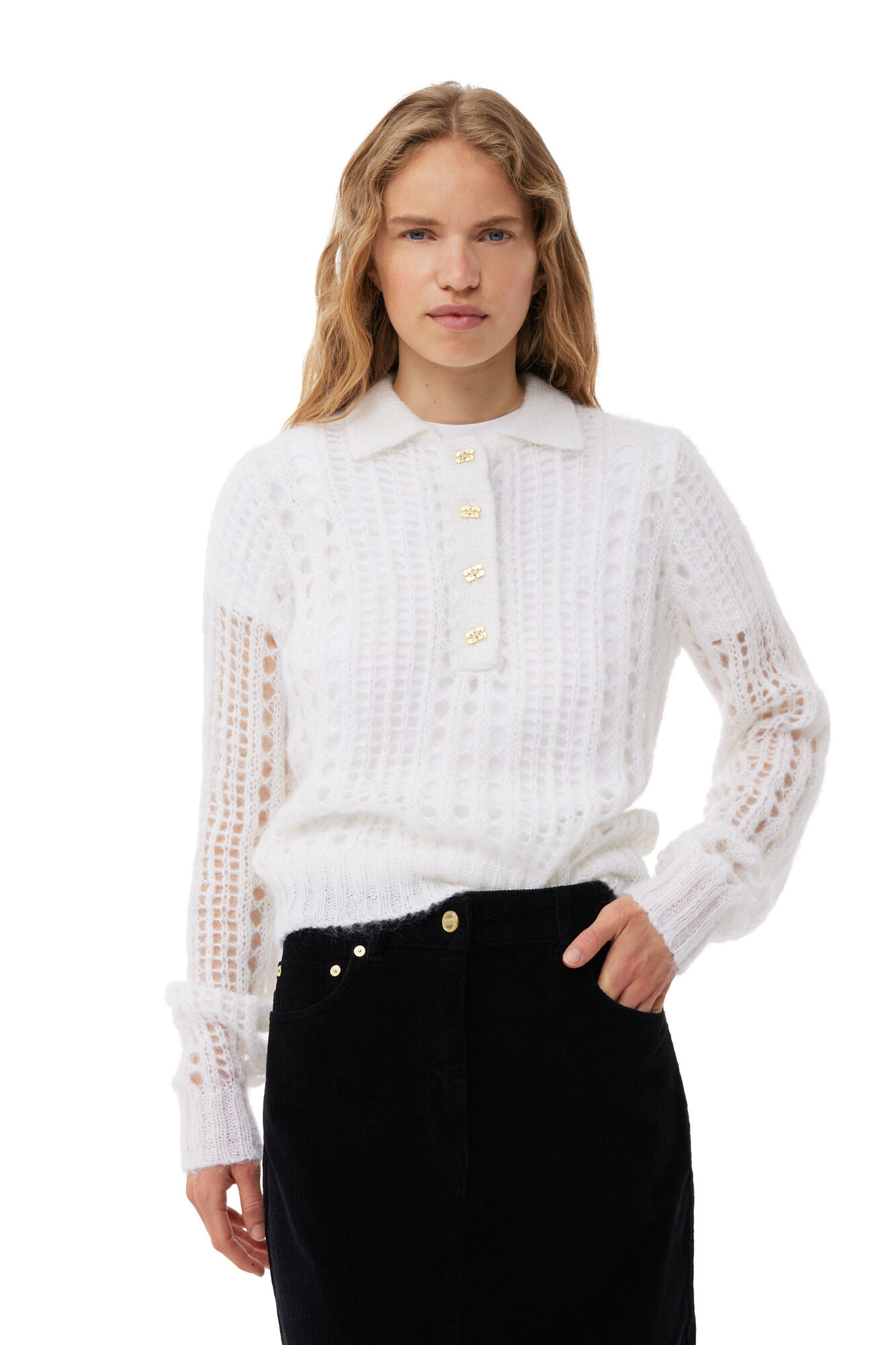 Bright White White Mohair Lace Polo Pullover | GANNI DE