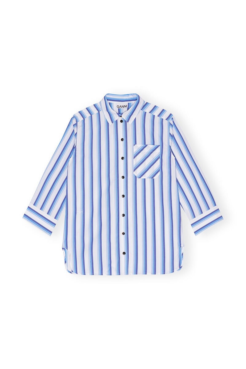 Blue Striped Cotton Oversized Skjorte, Cotton, in colour Silver Lake Blue - 1 - GANNI