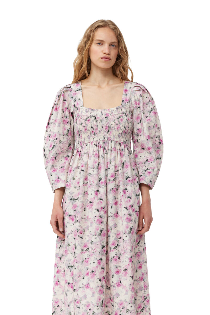 Printed Cotton Open-neck Smock Long Dress, Cotton, in colour Orchid Smoke - 4 - GANNI