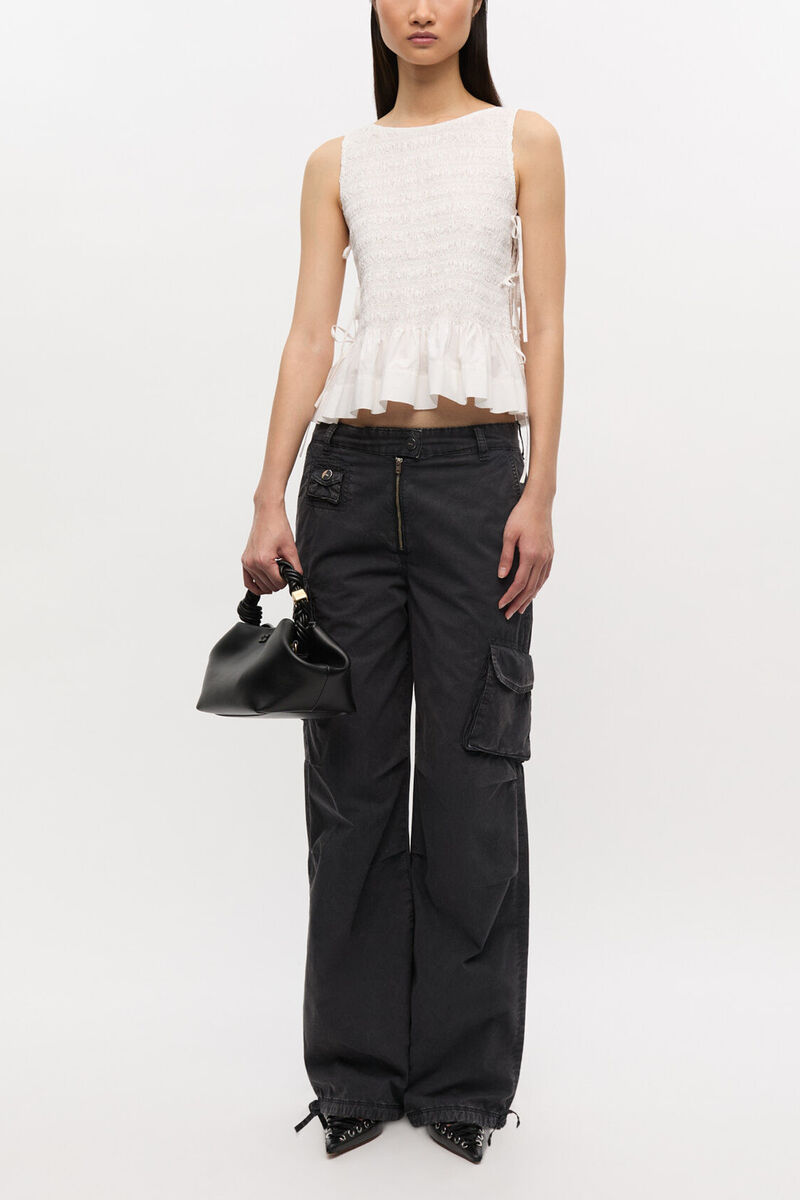 Wei&szlig;es, gesmocktes Oberteil aus Baumwolle zum Binden, Organic Cotton, in colour Bright White - 2 - GANNI