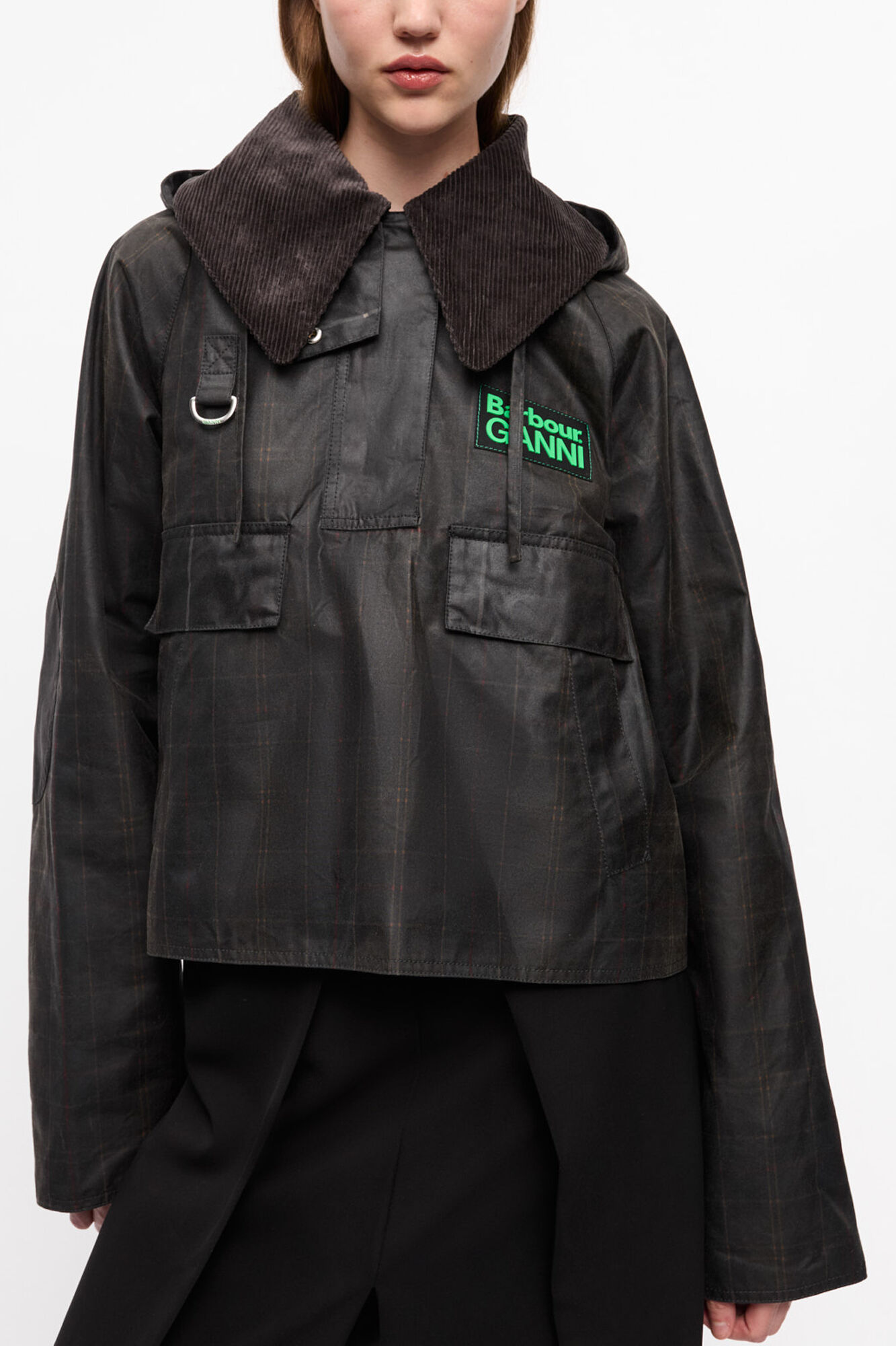 GANNI x Barbour Tartan Waxed Anorak, Organic Cotton, in colour Dark Green - 1 - GANNI