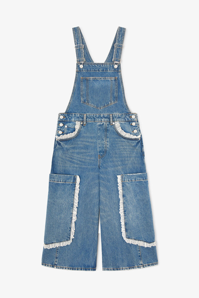 Overalls Cropped Lace in Rigid Denim, Dark Blue Vintage