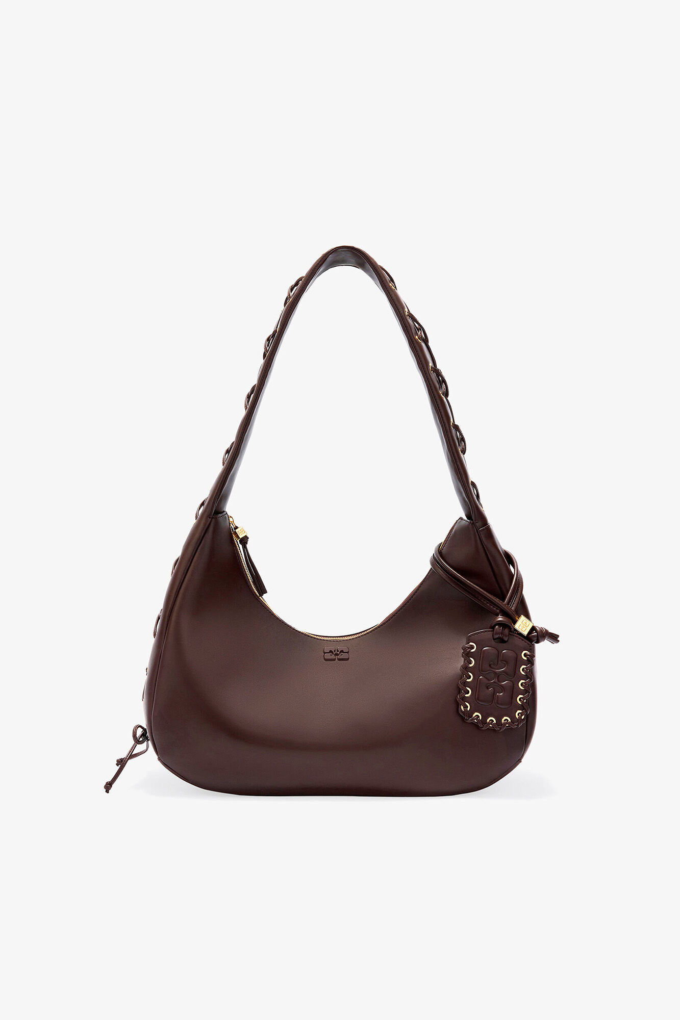 Brown Medium Laces Hobo Bag, Recycled Leather, in colour Chocolate Torte - 1 - GANNI