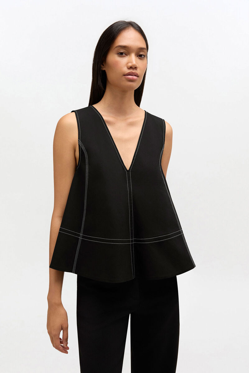 Black Cotton A-line Top, in colour Jet Black - 1 - GANNI