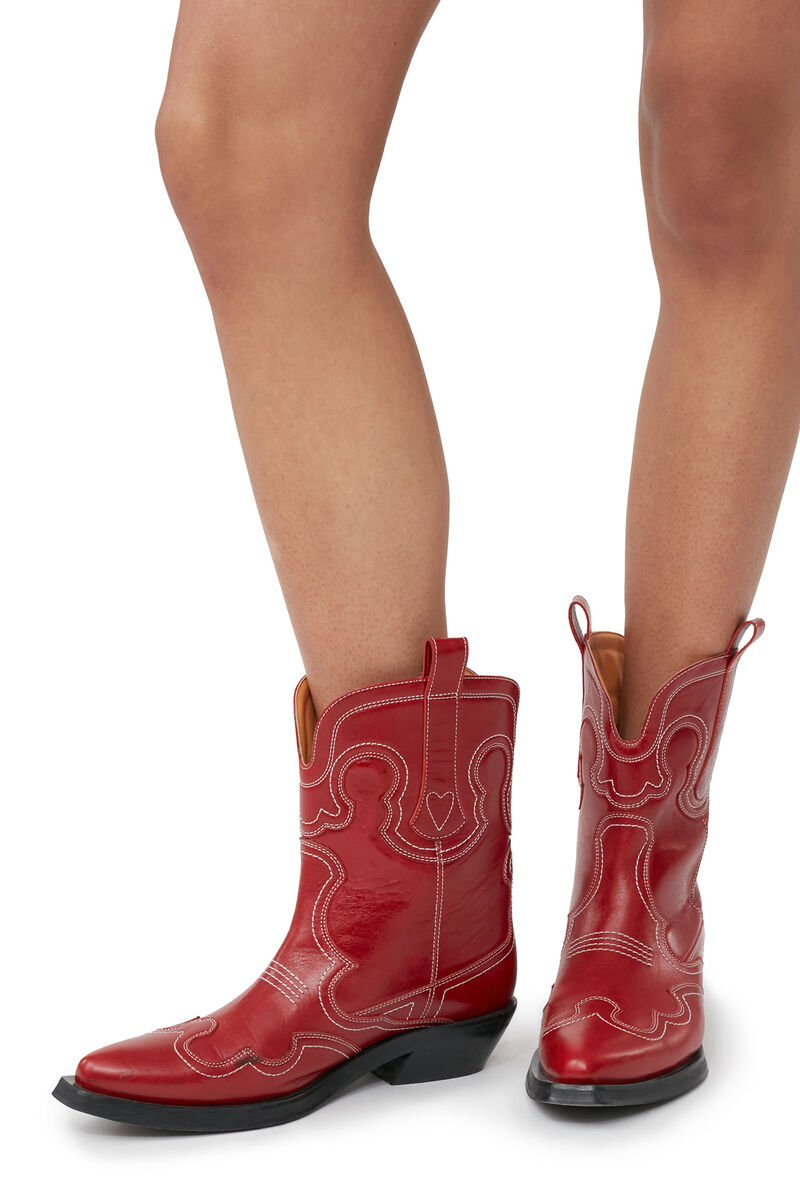 Red Low Shaft Embroidered Western Boots, Calf Leather, in colour Barbados Cherry - 4 - GANNI