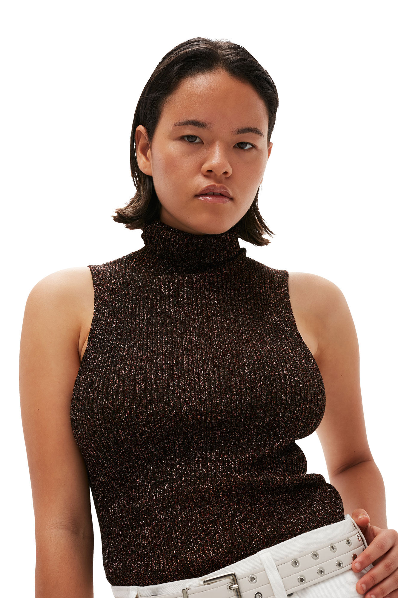 Sparkle Rib Highneck Top, Metal, in colour Copper Brown - 3 - GANNI