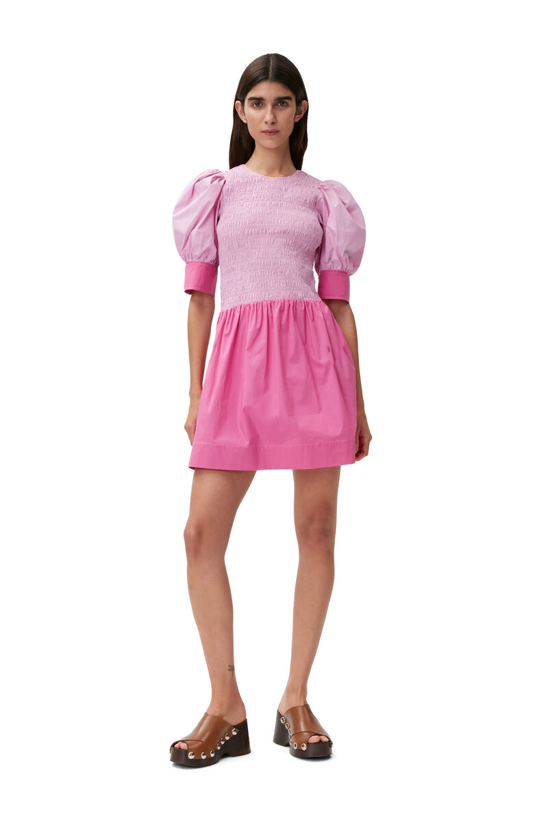 Shirred Mini Dress in 100% organic cotton , Cotton, in colour Phlox Pink - 1 - GANNI