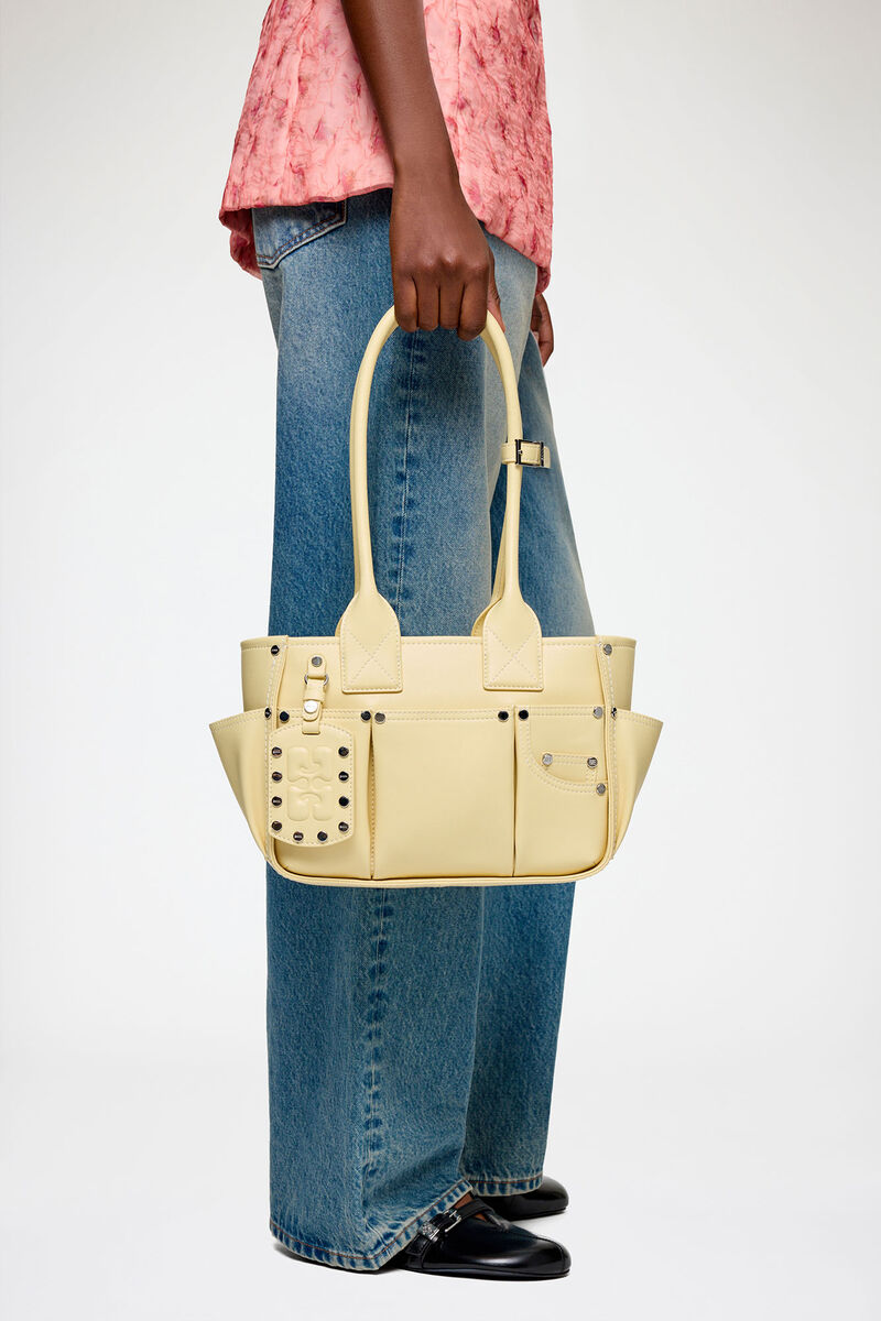 Posy Bag Small in Yellow, Recycled Leather, in colour Yellow Cream - 2 - GANNI