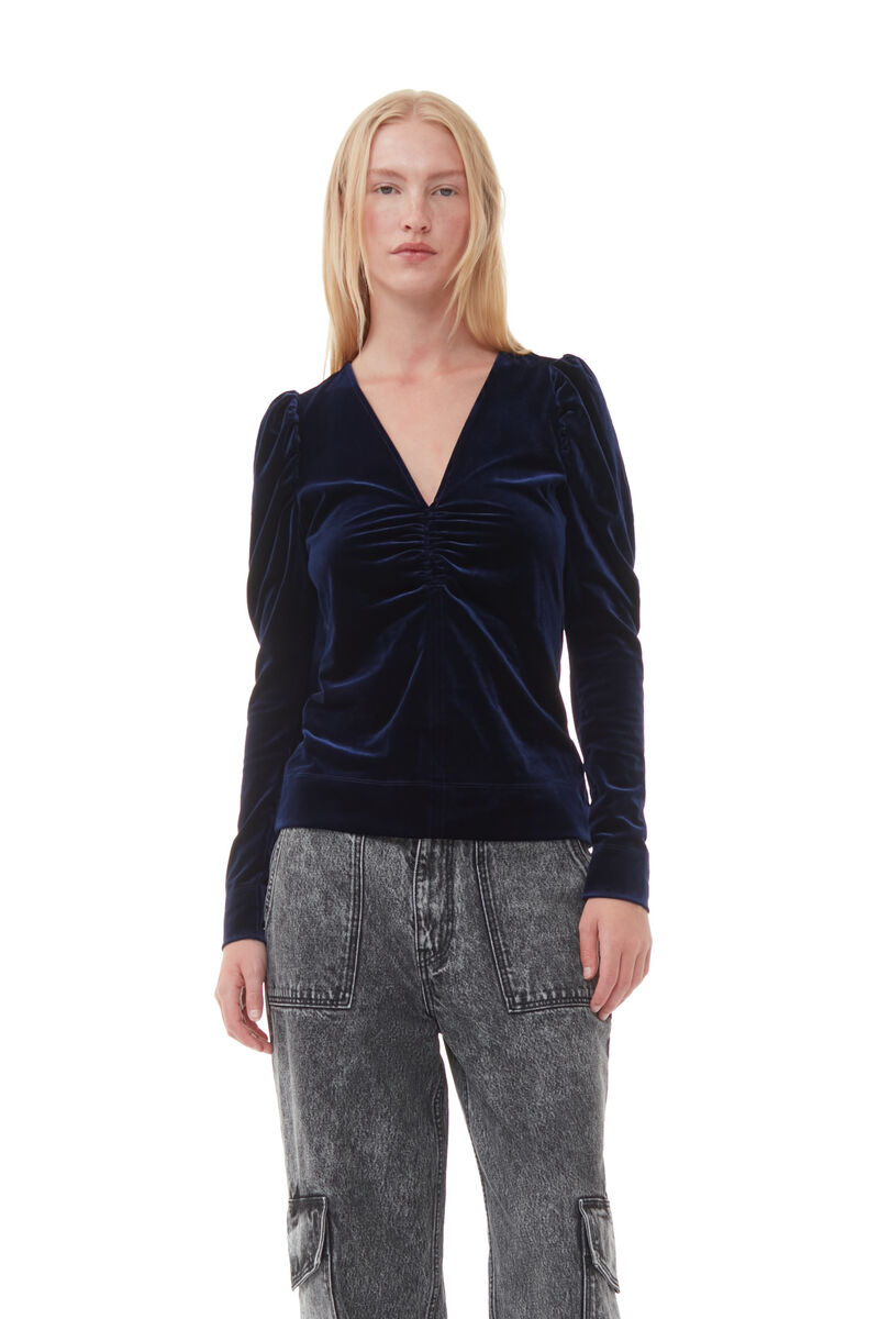Blue Velvet Jersey V-neck Blouse, Recycled Polyester, in colour Total Eclipse - 1 - GANNI