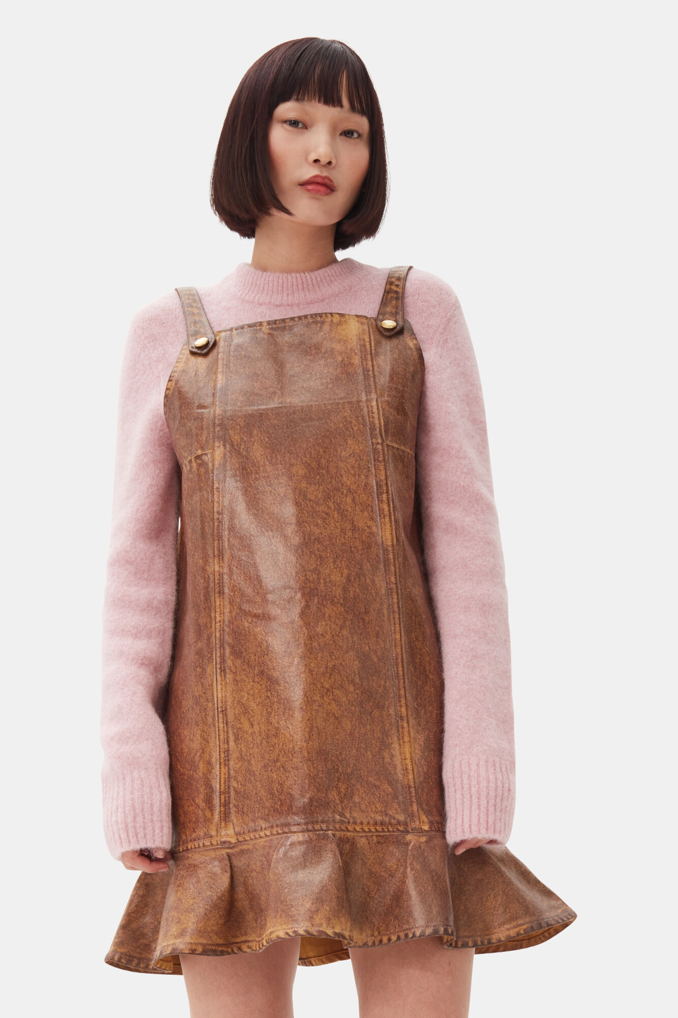 Brown Foil Denim Mini Dress, Cotton, in colour Cognac - 2 - GANNI