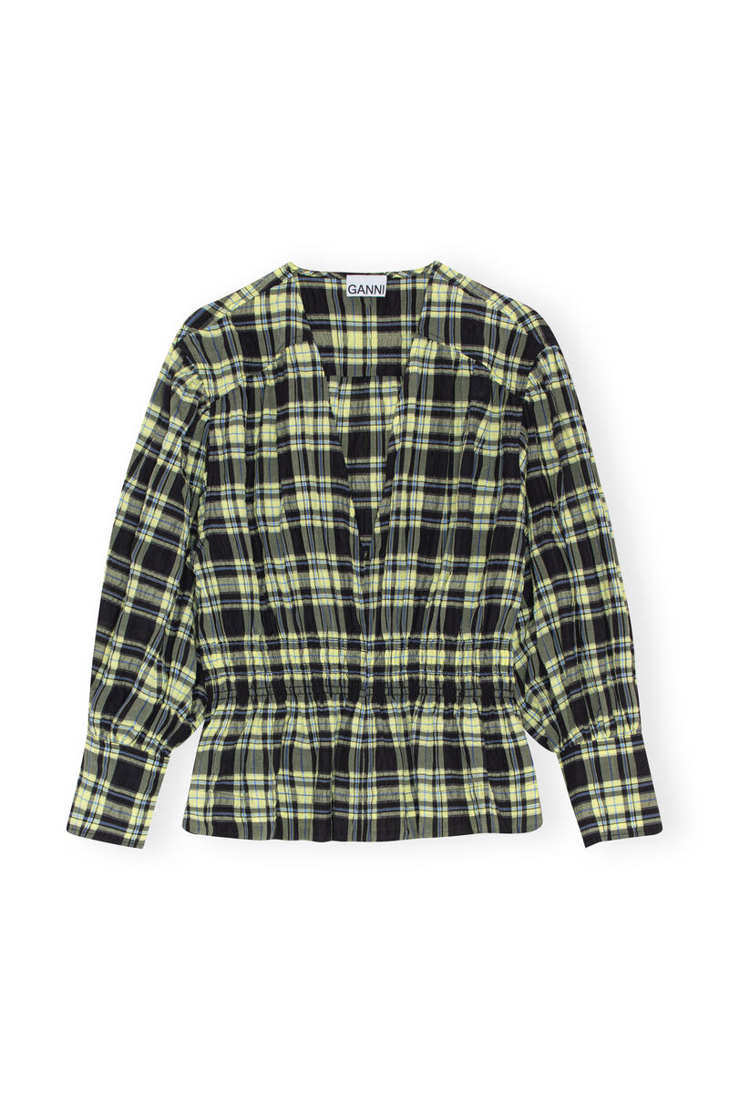 Checkered Seersucker Blouse, Cotton, in colour Check Elfin Yellow - 1 - GANNI