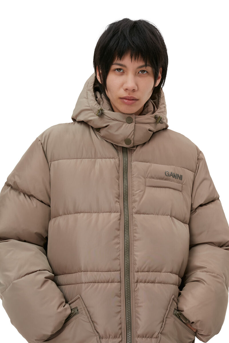 Oversized Tech Puffer Midi Jacket, Recycled Polyester, in colour Fossil - 3 - GANNI