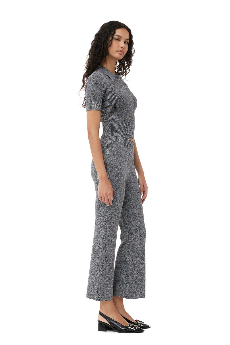 Grey Melange Rib Cropped Trousers, Elastane, in colour Black - 3 - GANNI