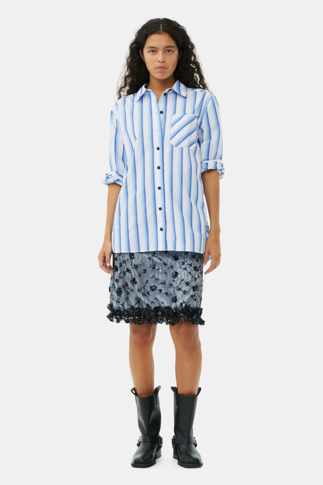 Chemise Blue Striped Cotton Oversized, Cotton, in colour Silver Lake Blue - 2 - GANNI