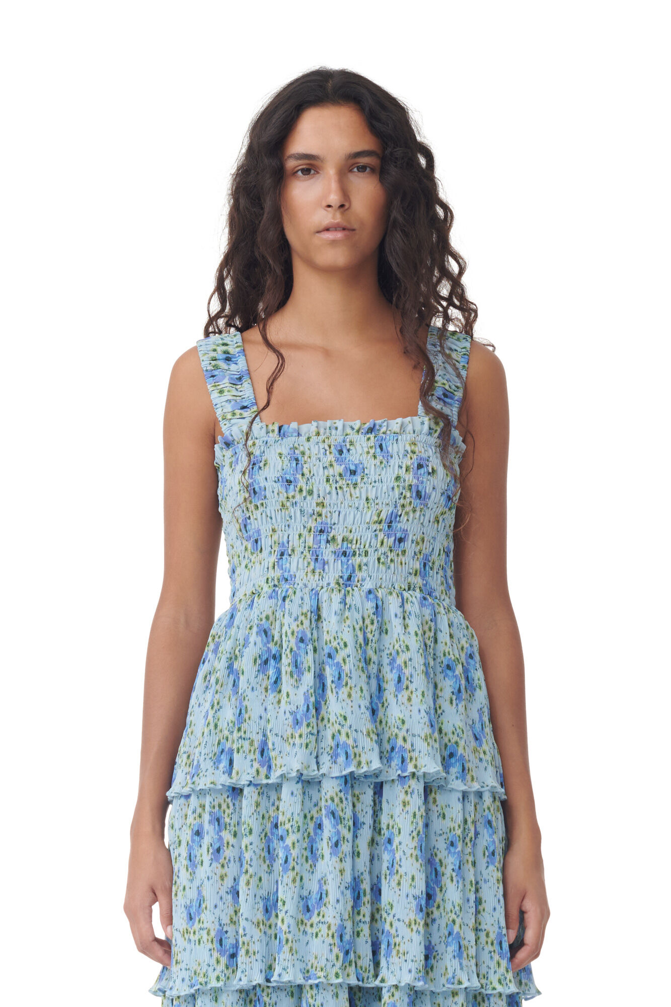 Pleated Georgette Smock Midikjole, Recycled Polyester, in colour Ice Water - 2 - GANNI