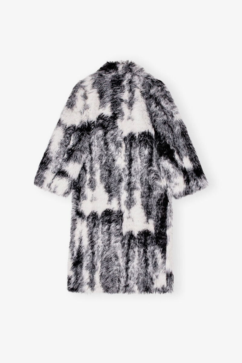 Black and White Faux Fur Coat, Recycled Polyester, in colour Black - 2 - GANNI