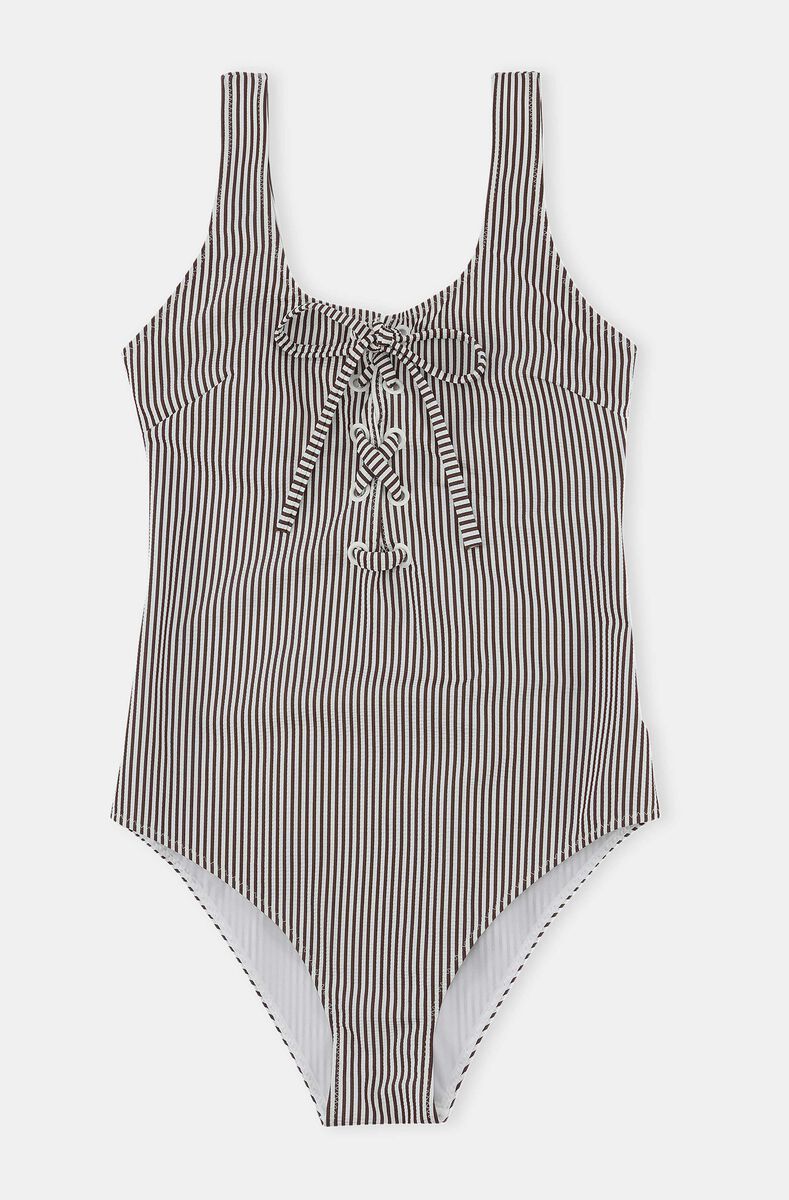 Lace-Up Swimsuit, Elastane, in colour Egret - 1 - GANNI