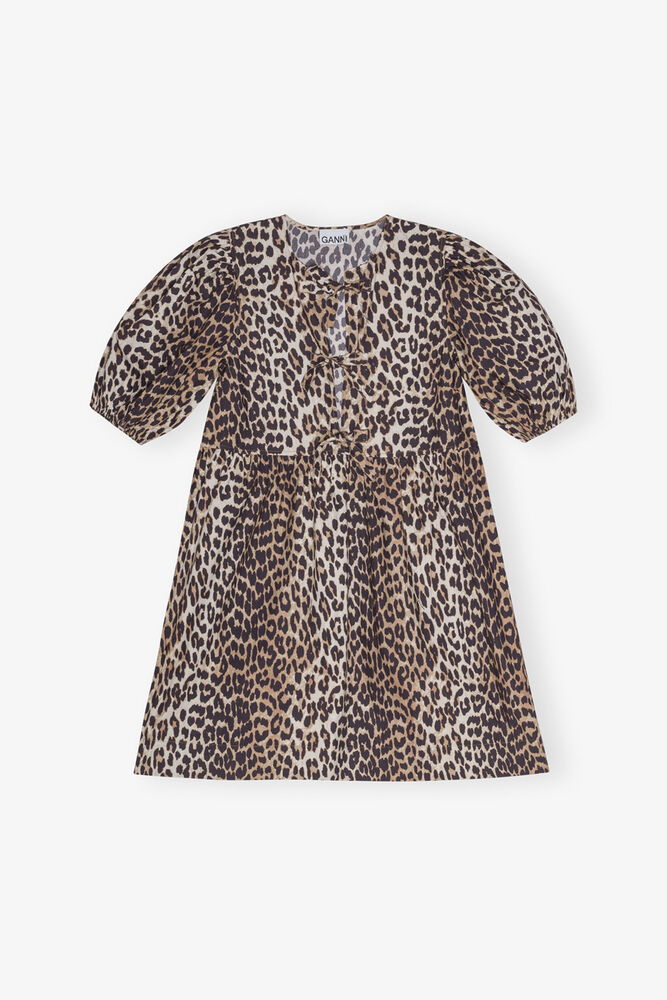 Leopard Printed Cotton Tie String Mini Dress, Leopard