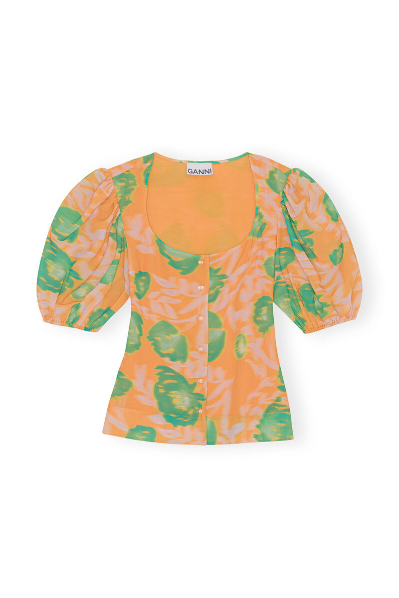 Printed Crepe Button Down Blouse, Recycled Polyester, in colour Vibrant Orange - 1 - GANNI