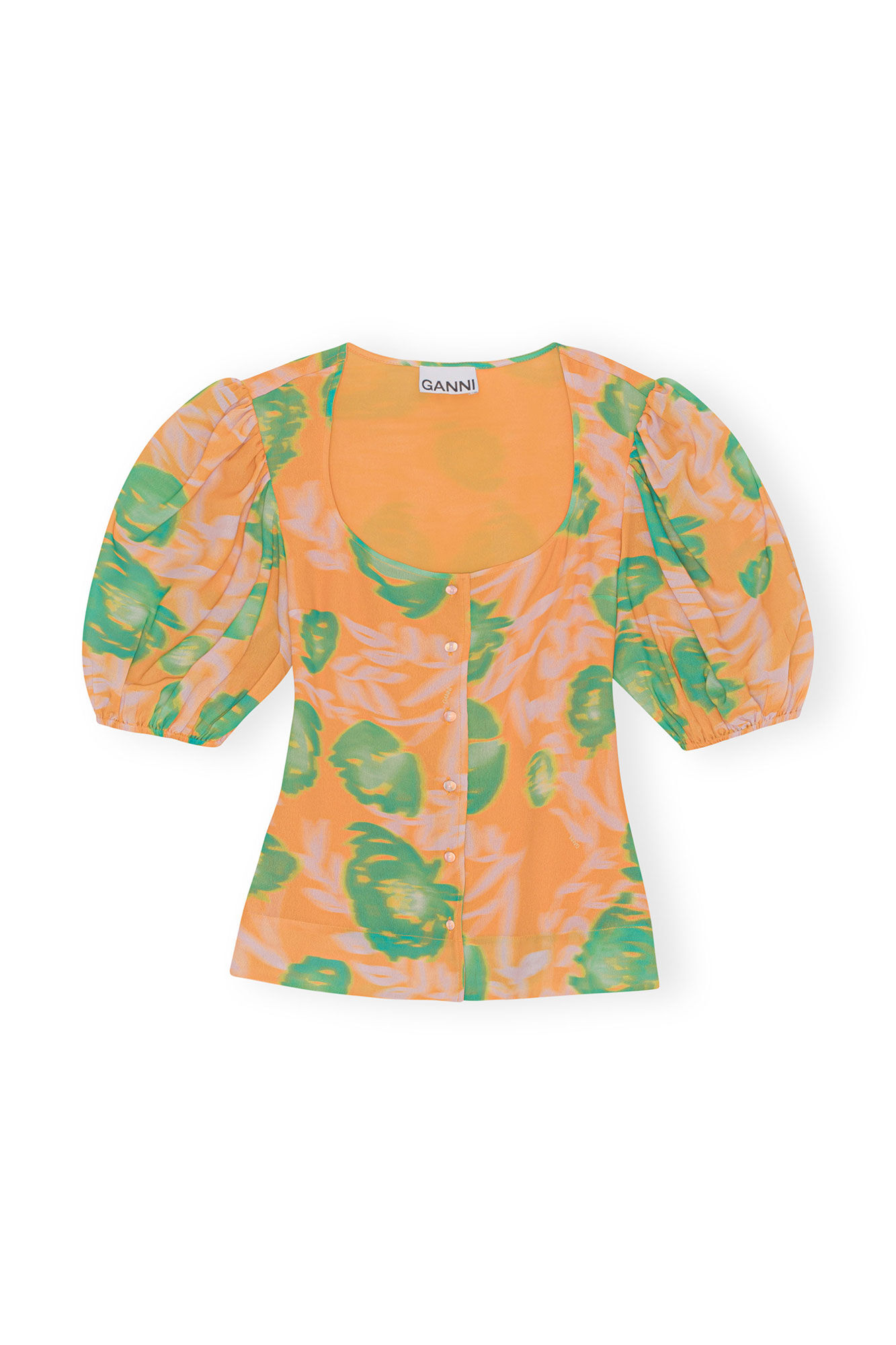 Printed Crepe Button Down Blouse, Recycled Polyester, in colour Vibrant Orange - 1 - GANNI