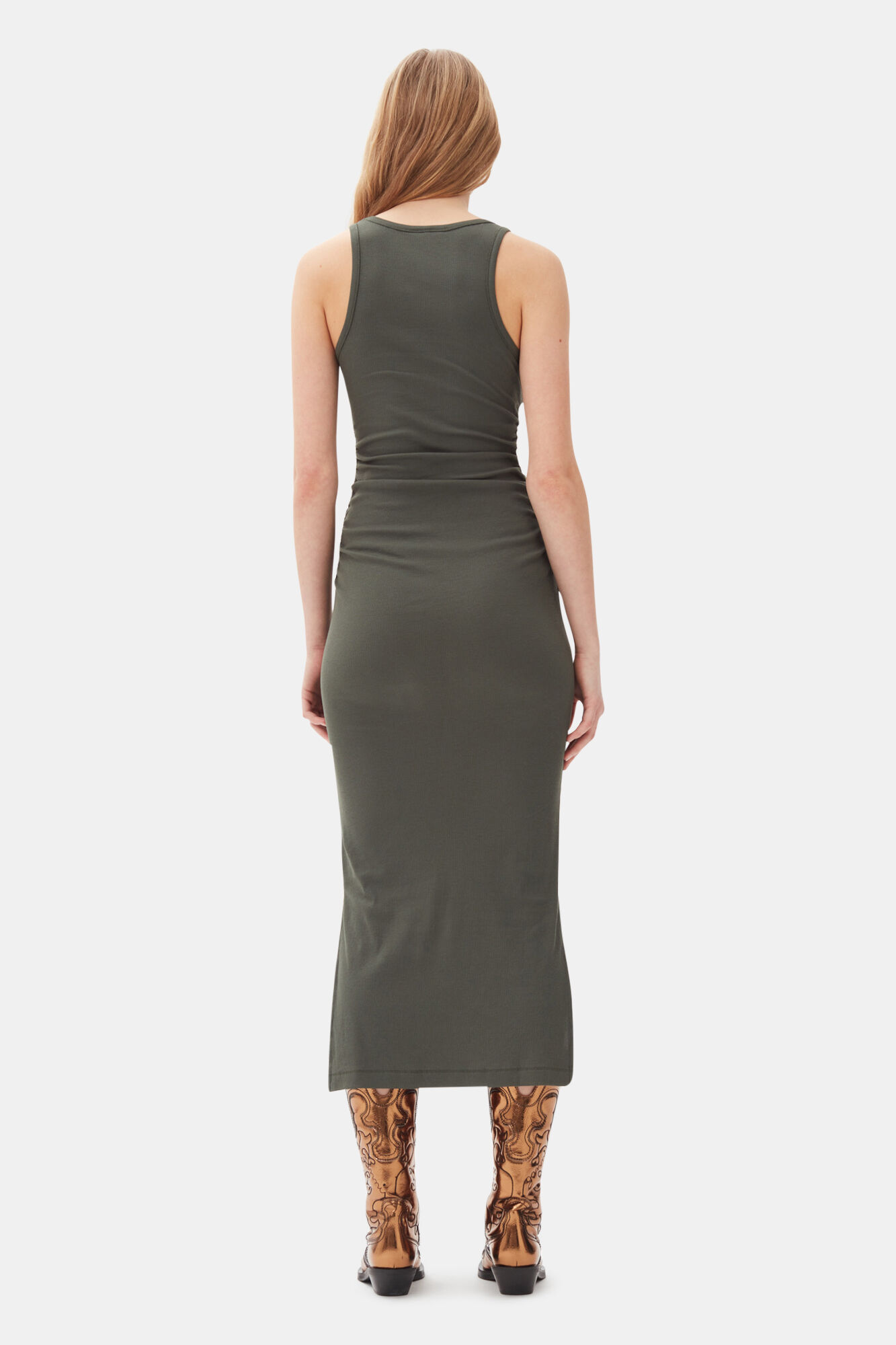 Robe Green Soft Cotton Rib Tank Top Long, Elastane, in colour Climbing Ivy - 4 - GANNI