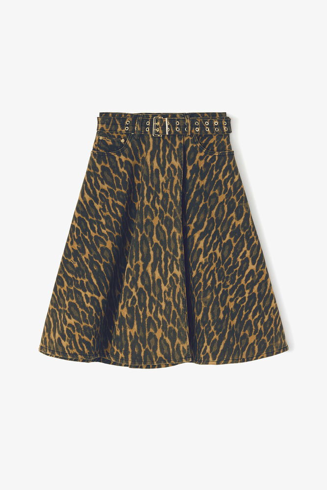 Jupe portefeuille en denim l&eacute;opard, Khaki
