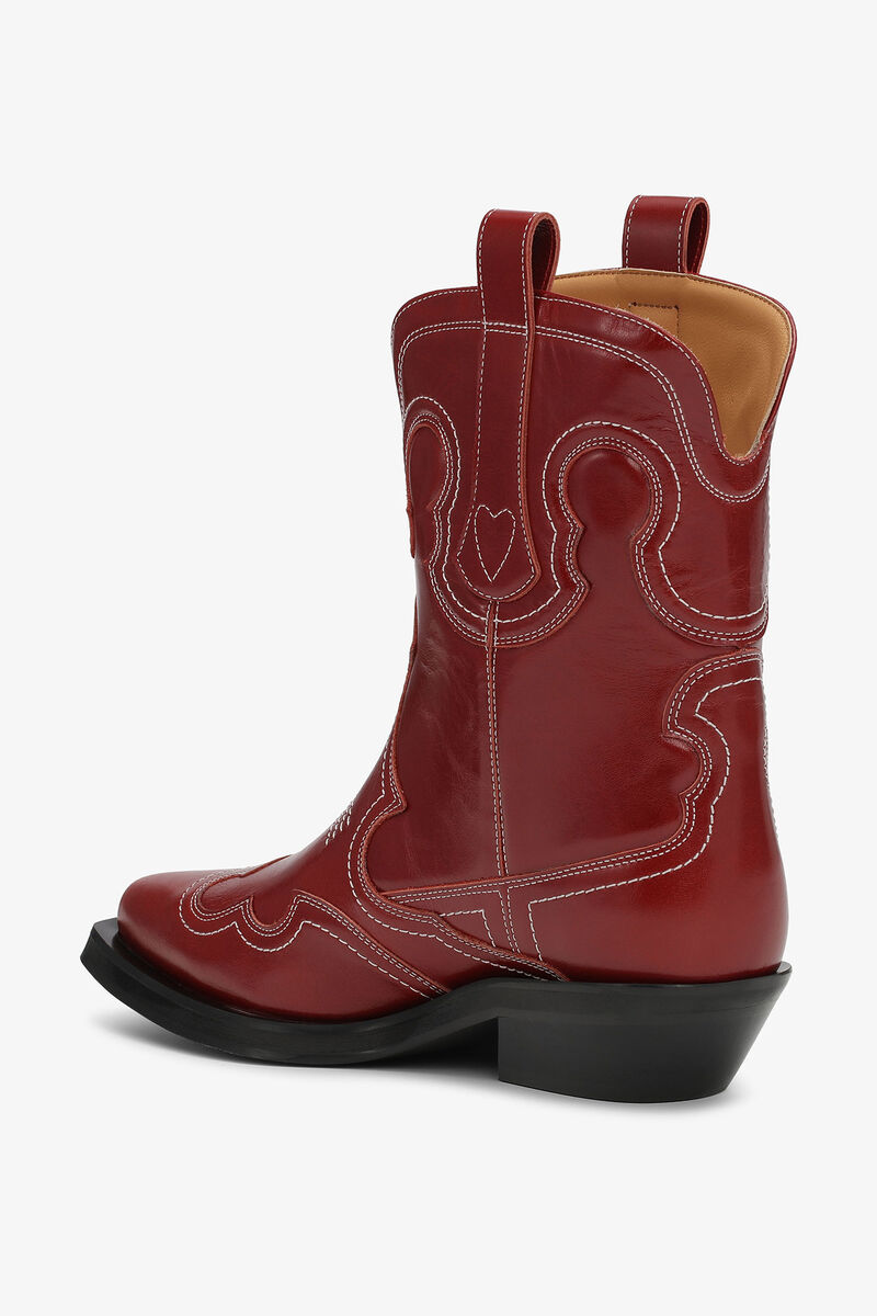 Bottes Western Red Low Shaft Embroidered, Calf Leather, in colour Barbados Cherry - 2 - GANNI