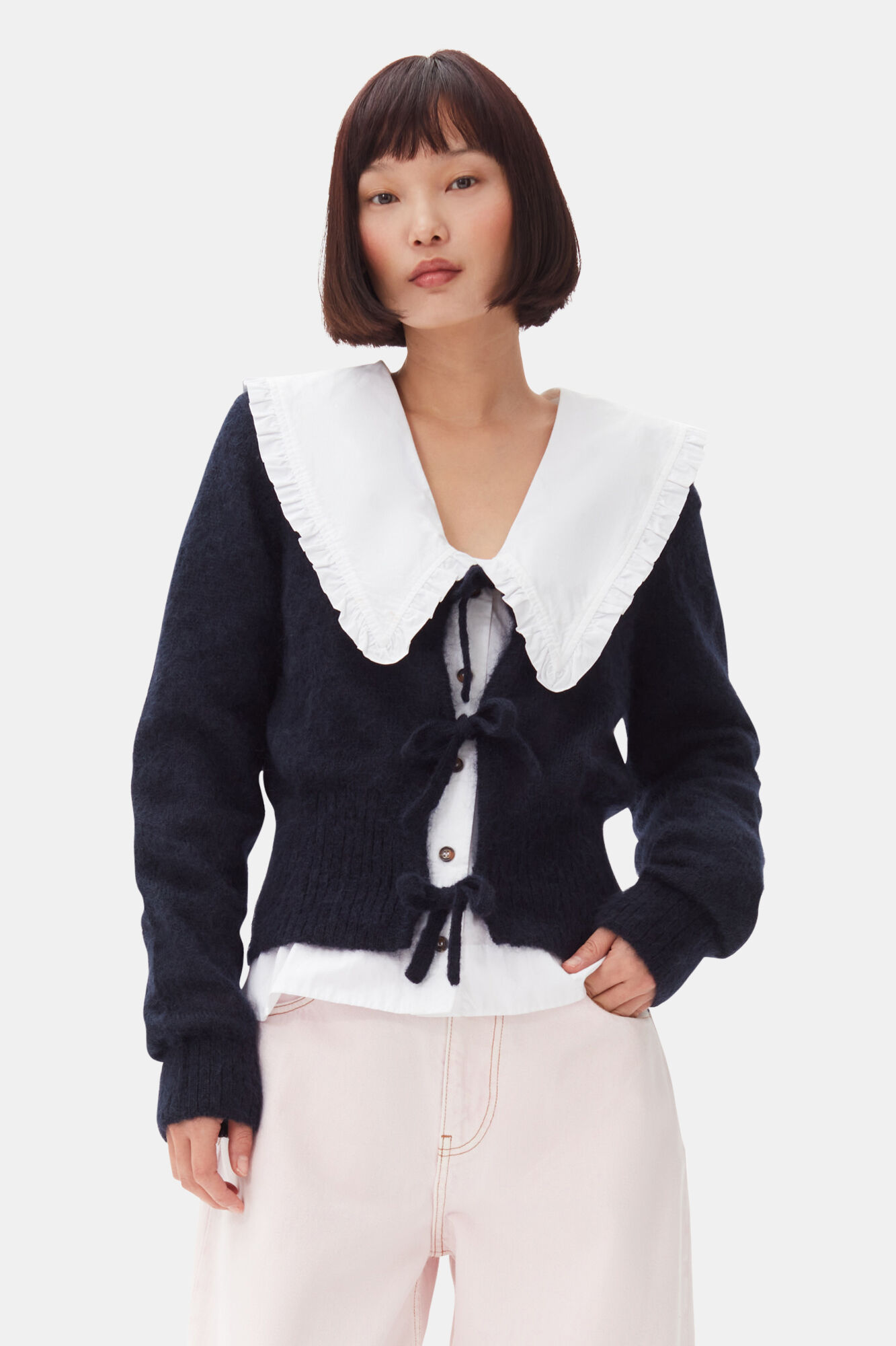 Dark Blue Tie String Cardigan, Merino Wool, in colour Sky Captain - 1 - GANNI