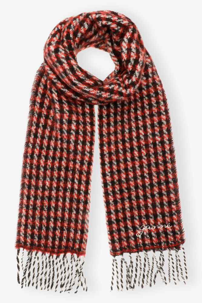 Red Check Fringed Scarf, Racing Red