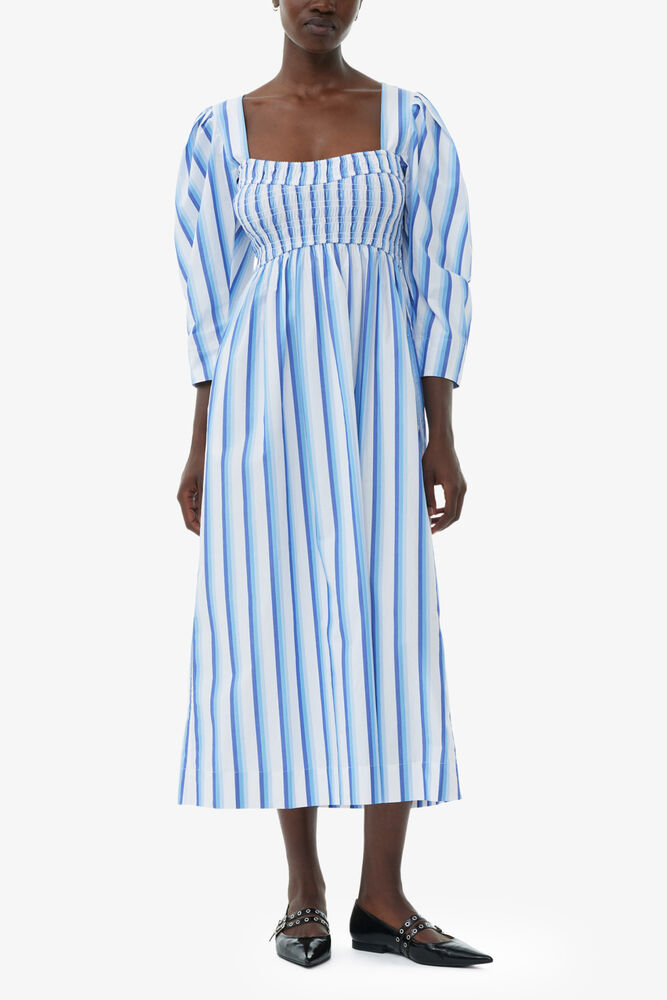 Blue Striped Cotton Smock Long Dress, Silver Lake Blue