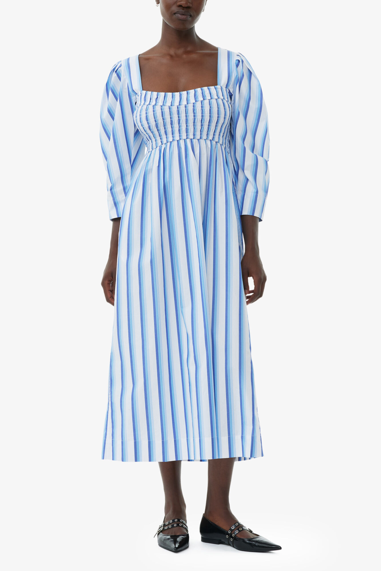 Blue Striped Cotton Smock Long Dress, Organic Cotton, in colour Silver Lake Blue - 1 - GANNI