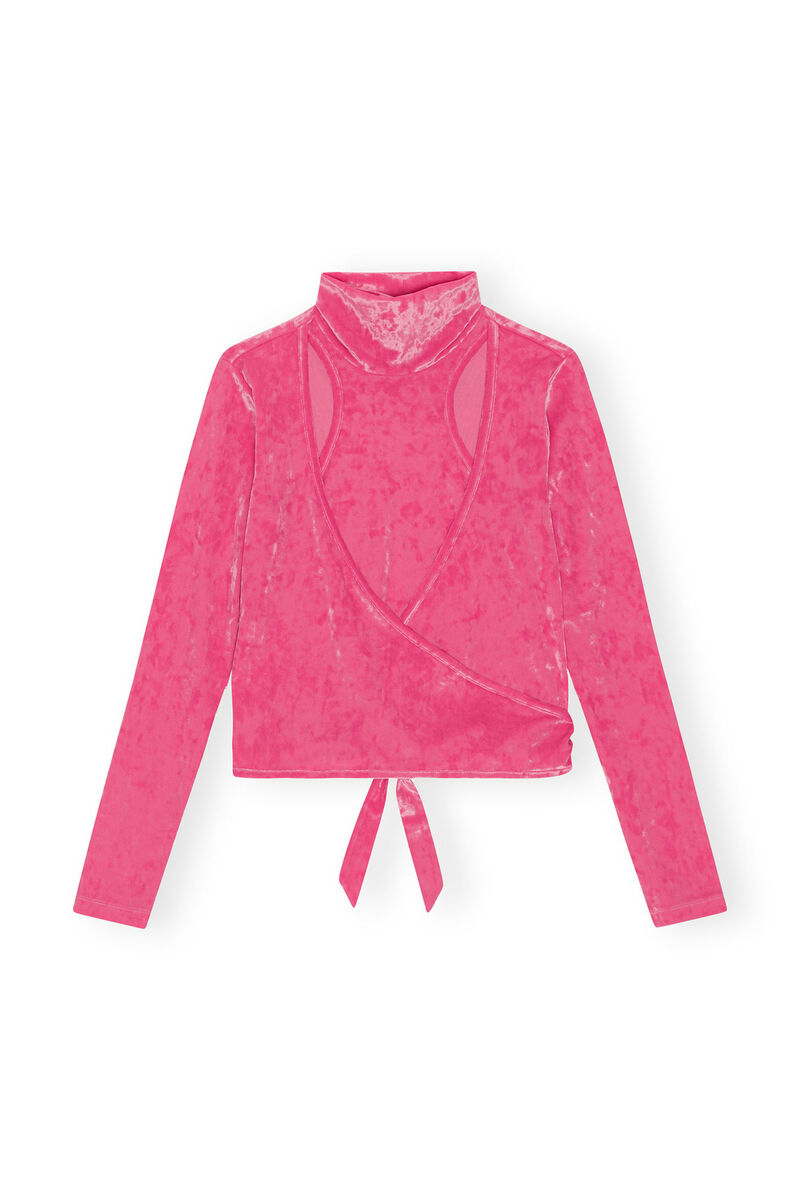 Velvet Wrap Blouse, Elastane, in colour Shocking Pink - 1 - GANNI