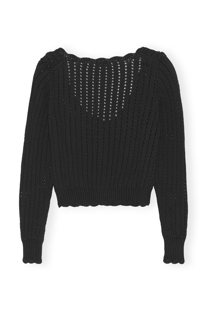 Lace Low O-neck Cardigan, Cotton, in colour Black - 2 - GANNI