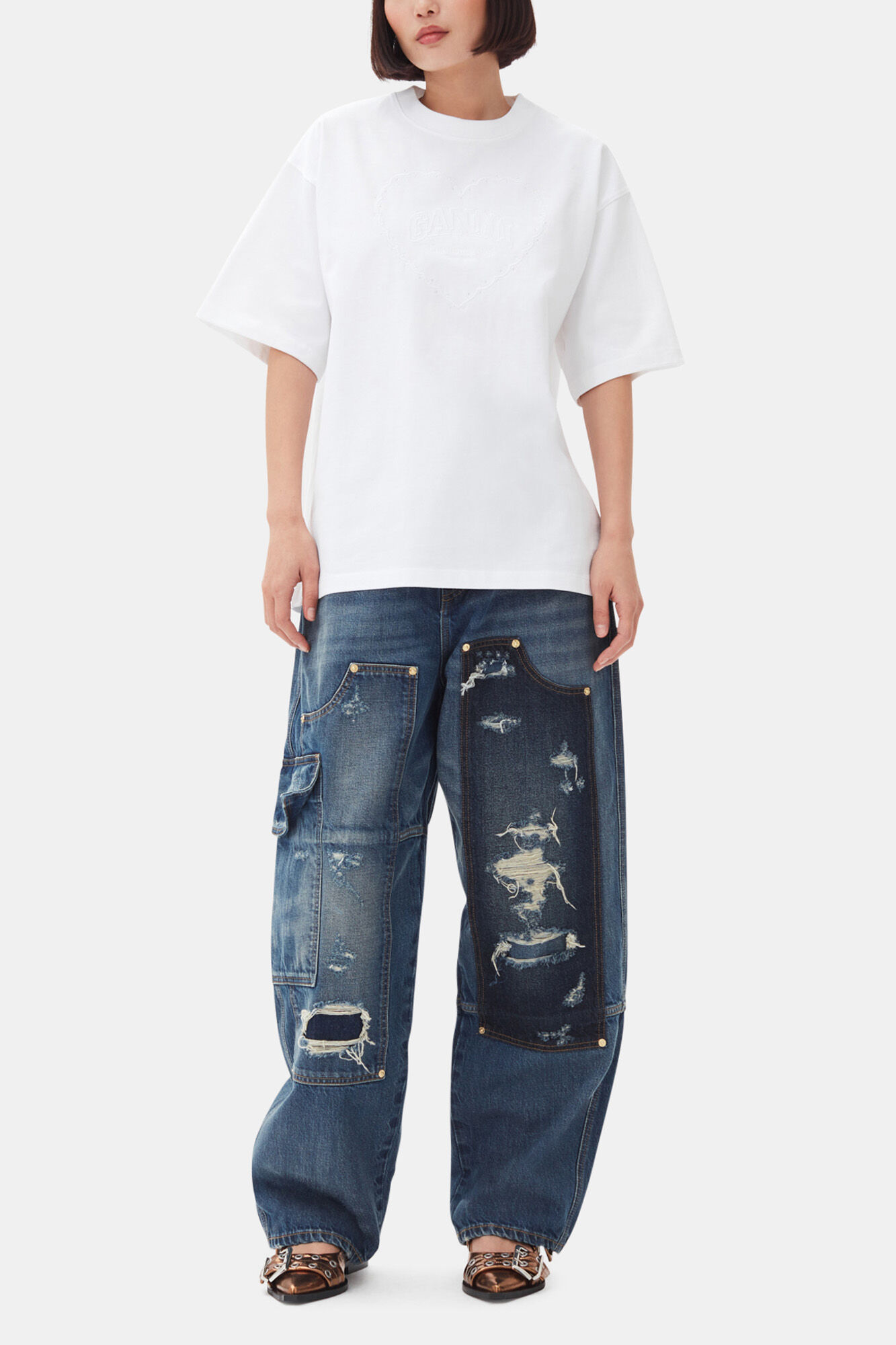 ganni ガニー Tシャツ ヘビーコットンドロップショルダーハート Bright White ホワイト ヘビーコットン ドロップショルダー ハート T