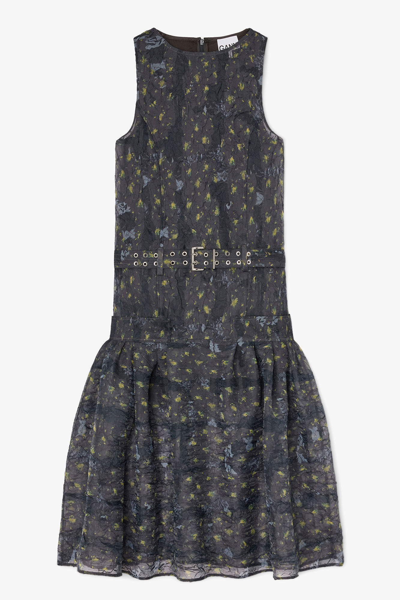 Dress in Shibori Organza, Recycled Polyester, in colour Black Sand - 1 - GANNI