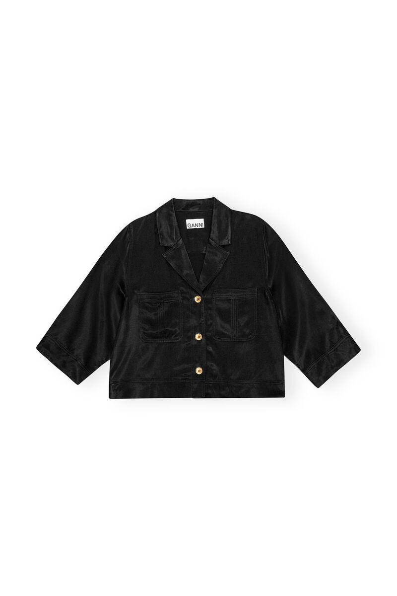 Washed Satin Crop Shirt, Cupro, in colour Black - 1 - GANNI