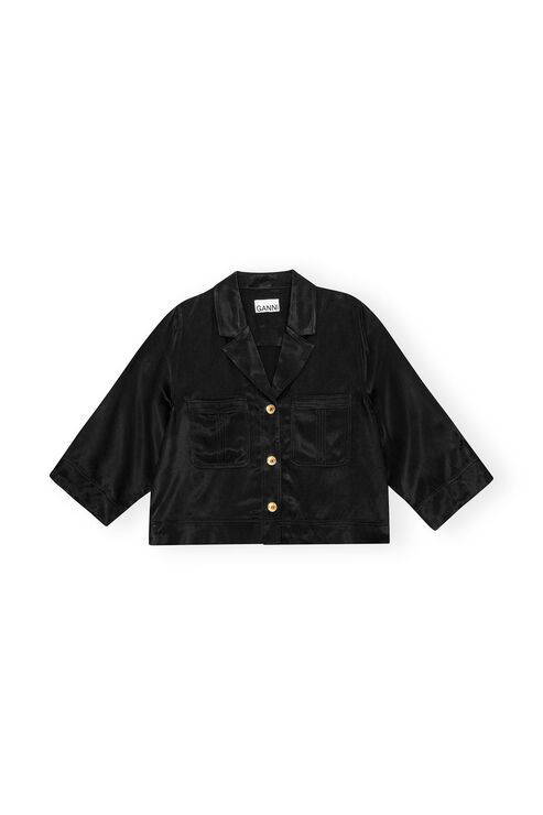 Ganni Short Sleeve Washed Satin Crop Shirt In Black