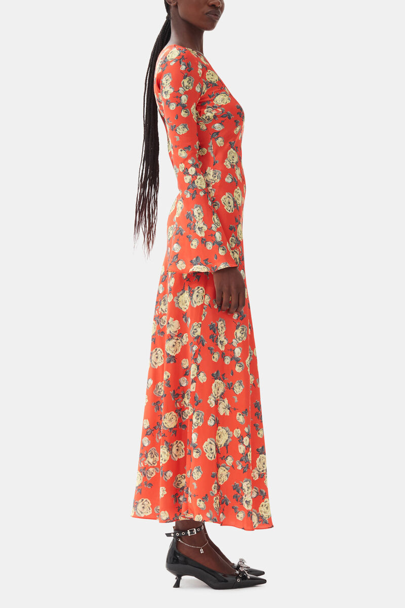 Orange Floral Printed Satin Maxi Dress, Viscose, in colour Poinciana - 3 - GANNI
