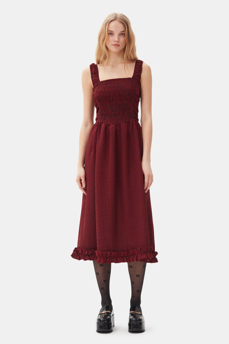 Red Sheer Midi Strap Smock Dress, Recycled Polyester, in colour Winery - 1 - GANNI